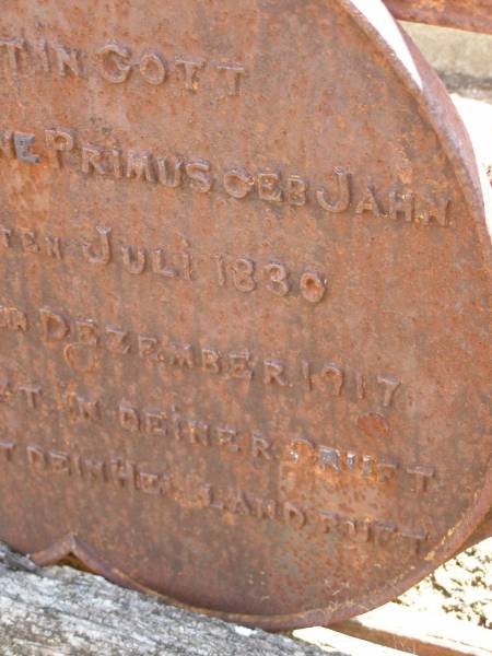 Juliane Wilhelmine PPRIMUS (nee JAHN),  | born 27 July 1830,  | died 21 Dec 1917;  | Dugandan Trinity Lutheran cemetery, Boonah Shire  | 