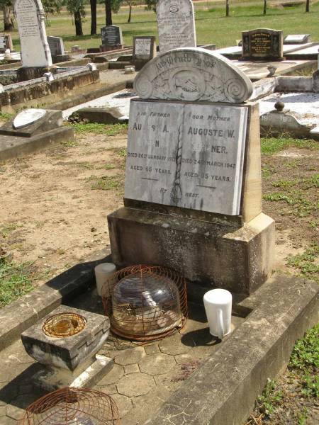 August A.J. LINDNER,  | father,  | died 20 Jan 1912 aged 65 years;  | Auguste W. LINDNER,  | mother,  | died 24 March 1947 aged 95 years;  | Dugandan Trinity Lutheran cemetery, Boonah Shire  | 