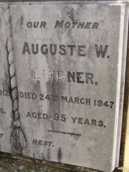 August A.J. LINDNER,  | father,  | died 20 Jan 1912 aged 65 years;  | Auguste W. LINDNER,  | mother,  | died 24 March 1947 aged 95 years;  | Dugandan Trinity Lutheran cemetery, Boonah Shire  | 
