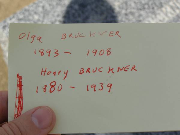 Olga BRUCKNER,  | 1893 - 1908;  | Henry BRUCKNER,  | 1880 - 1939;  | Dugandan Trinity Lutheran cemetery, Boonah Shire  | 