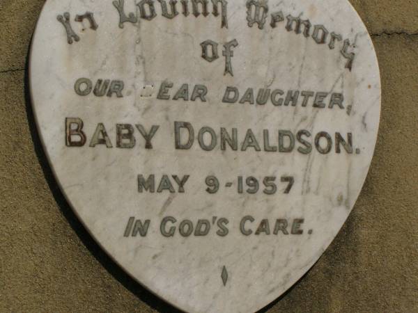 Baby DONALDSON,  | daughter,  | died 9 May 1957;  | Dugandan Trinity Lutheran cemetery, Boonah Shire  | 