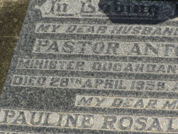 Pastor Anton HILLER,  | husband father,  | minister Dugandan Parish 1919 - 1951,  | died 28 April 1959 aged 80 years;  | Pauline Rosalie HILLER,  | mother,  | died 4 March 1963 aged 79 years;  | Dugandan Trinity Lutheran cemetery, Boonah Shire  | 