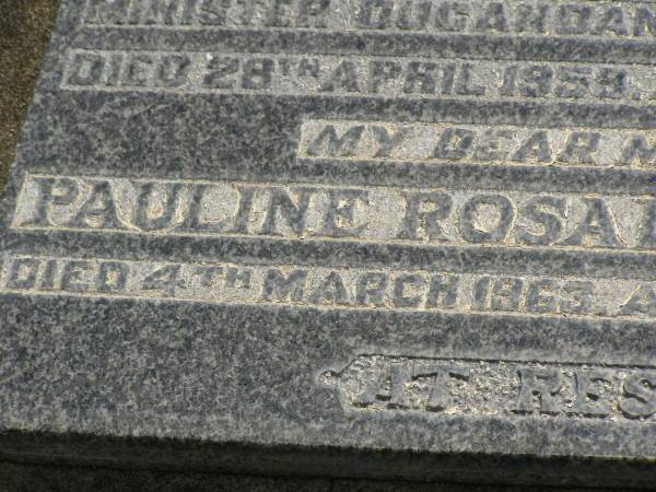 Pastor Anton HILLER,  | husband father,  | minister Dugandan Parish 1919 - 1951,  | died 28 April 1959 aged 80 years;  | Pauline Rosalie HILLER,  | mother,  | died 4 March 1963 aged 79 years;  | Dugandan Trinity Lutheran cemetery, Boonah Shire  | 