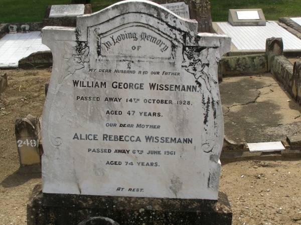 William George WISSEMANN,  | husband father,  | died 14 Oct 1928 aged 47 years;  | Alice Rebecca WISSEMANN,  | died 6 June 1961 aged 74 years;  | Dugandan Trinity Lutheran cemetery, Boonah Shire  | 
