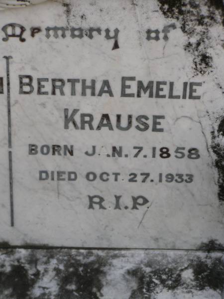 Michael Christian KRAUSE,  | born 4 Sept 1853,  | died 16 May 1931;  | Bertha Emelie KRAUSE,  | born 7 Jan 1858,  | died 27 Oct 1933;  | Dugandan Trinity Lutheran cemetery, Boonah Shire  | 
