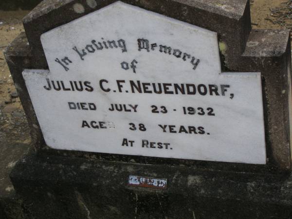 Julius C.F. NEUENDORF,  | died 23 July 1932 aged 38 years;  | Dugandan Trinity Lutheran cemetery, Boonah Shire  | 