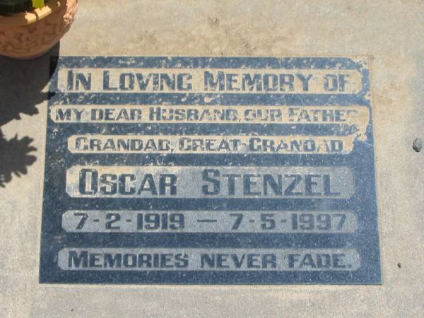 Oscan STENZEL,  | husband father grandad great-grandad,  | 7-2-1919 - 7-5-1997;  | Dugandan Trinity Lutheran cemetery, Boonah Shire  | 