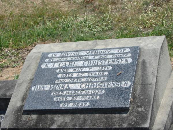 N.J. Carl CHRISTENSEN,  | husband father,  | died 7 May 1970 aged 87 years;  | Ida Minna CHRISTENSEN,  | mother,  | died 19 March 1976 aged 90 years;  | Dugandan Trinity Lutheran cemetery, Boonah Shire  | 