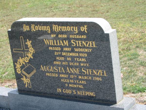 William STENZEL,  | husband,  | died suddenly 21 Dec 1979 aged 80 years;  | Augusta Anne STENZEL,  | wife,  | died 19 March 1986 aged 88 years 9 months;  | Dugandan Trinity Lutheran cemetery, Boonah Shire  | 