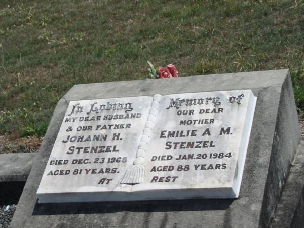 Johann H. STENZEL,  | husband father,  | died 23 Dec 1968 aged 81 years;  | Emilie A.M. STENZEL,  | mother,  | died 20 Jan 1984 aged 88 years;  | Dugandan Trinity Lutheran cemetery, Boonah Shire  | 