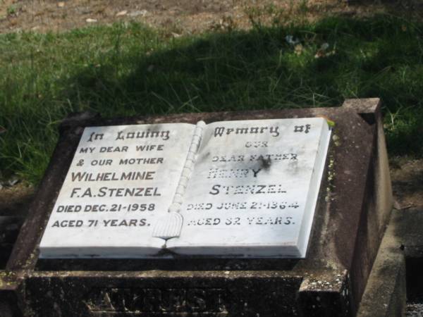 Wilhelmine F.A. STENZEL,  | wife mother,  | died 21 Dec 1958 aged 71 years;  | Henry STENZEL,  | father,  | died 21 June 1964 aged 82 years;  | Dugandan Trinity Lutheran cemetery, Boonah Shire  | 