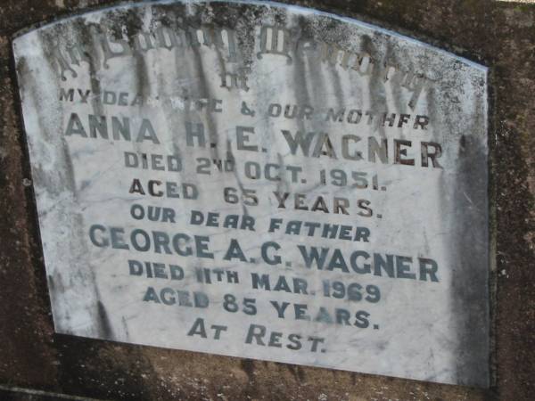 Anna H.E. WAGNER,  | wife mother,  | died 2 Oct 1951 aged 65 years;  | George A.G. WAGNER,  | father,  | died 11 March 1969 aged 85 years;  | Dugandan Trinity Lutheran cemetery, Boonah Shire  | 
