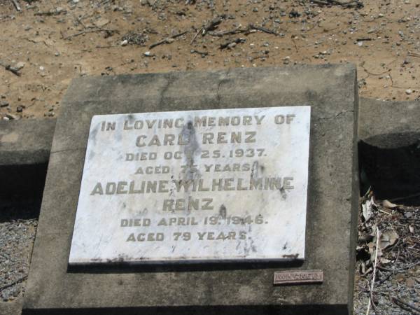 Carl RENZ,  | died 25 Oct 1937 aged 75 years;  | Adeline Wilhelmine RENZ,  | died 19 April 1946 aged 79 years;  | Dugandan Trinity Lutheran cemetery, Boonah Shire  | 