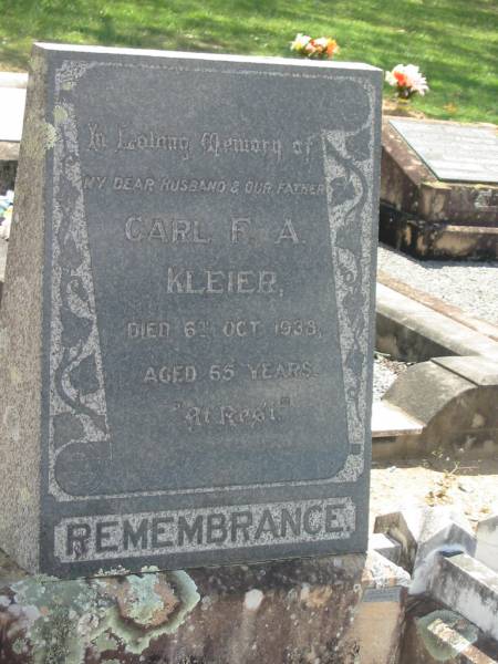 Carl F.A. KLEIER,  | husband father,  | died 6 Oct 1938 aged 65 years;  | Dugandan Trinity Lutheran cemetery, Boonah Shire  | 