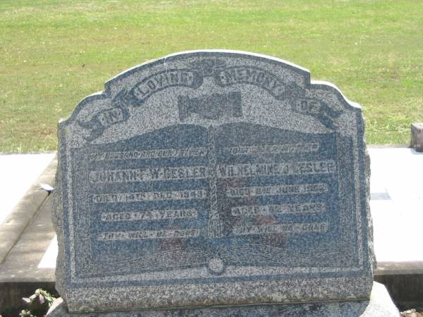 Johann F. GESLER,  | husband father,  | died 14 Dec 1943 aged 74 years;  | Wilhelmine J. GESLER,  | mother,  | died 21 June 1952 aged 82 years;  | Dugandan Trinity Lutheran cemetery, Boonah Shire  | 