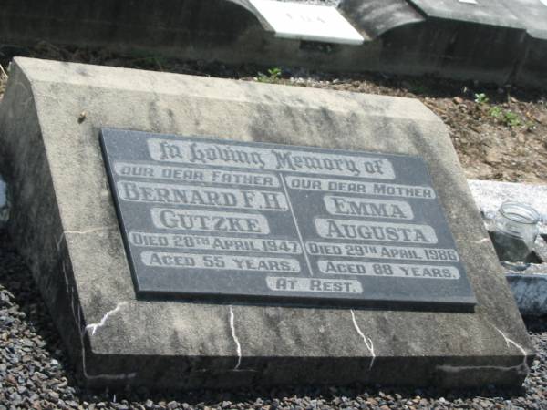 Bernard F.H. GUTZKE,  | father,  | died 28 April 1947 aged 55 years;  | Emma Augusta,  | mother,  | died 29 April 1986 aged 88 years;  | Dugandan Trinity Lutheran cemetery, Boonah Shire  | 