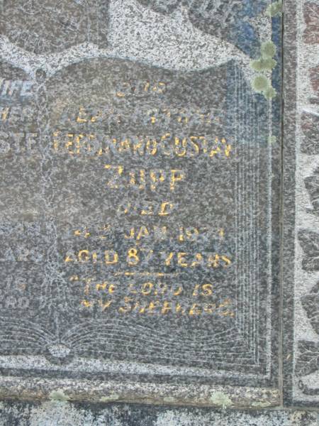 Alma Auguste ZUPP,  | wife mother,  | died 1 Aug 1949 aged 52 years;  | Ferdinand Gustav ZUPP,  | father,  | died 4 Jan 1974 aged 87 years;  | Dugandan Trinity Lutheran cemetery, Boonah Shire  | 