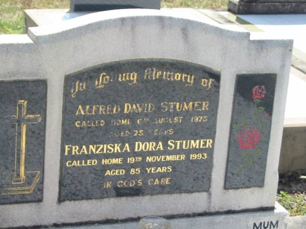 Alfred David STUMER,  | died 6 Aug 1975 aged 75 years;  | Franziska Dora STUMER,  | died 19 Nov 1993 aged 85 years;  | Dugandan Trinity Lutheran cemetery, Boonah Shire  | 