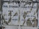 
Carl STENZEL,
died 16 Aug 1932 aged 77 years;
Anna STENZEL,
died 8 Dec 1952 aged 88 years;
Dugandan Trinity Lutheran cemetery, Boonah Shire
