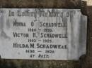 
Minna O. SCHADWELL,
mother,
1880 - 1950;
Victor H. SCHADWELL,
son,
1903 - 1925;
Hilda M. SCHADWELL,
daughter,
1898 - 1976;
Dugandan Trinity Lutheran cemetery, Boonah Shire
