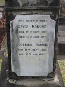 David RADUNZ
b: 17 Sep 1817, d: 5 Jun 1897
Dorethea RADUNZ
b: 15 Sep 1823, d: 12 Nov 1907
Eagleby Cemetery, Gold Coast City