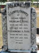 Wilhelm C ROSE
b: 15 Dec 1835, d: 28 Sep 1926
Friedericke A ROSE
b: 9 Oct 1841, d: 17 Jan 1928
Eagleby Cemetery, Gold Coast City