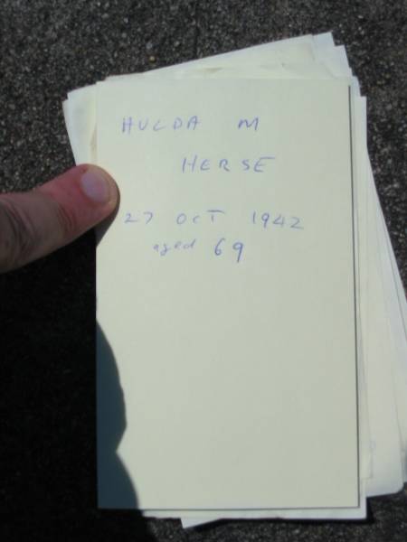 Hulda M HERSE  | 27 Oct 1942, aged 69  | Eagleby Cemetery, Gold Coast City  | 