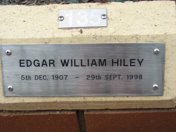 Edgar William HILEY,  | 5 Dec 1907 - 29 Sept 1998;  | St Luke's Anglican Church, Ekibin, Brisbane  | 