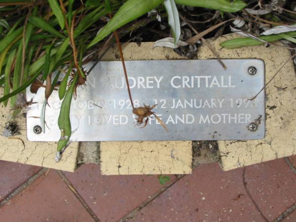Joan Audrey CRITTALL,  | 12 Oct 1928 - 12 Jan 1993,  | wife mother;  | St Luke's Anglican Church, Ekibin, Brisbane  | 