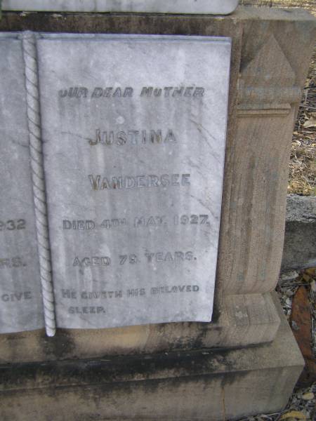 Wilhelm VANDERSEE, father,  | died 16 Sept 1932 aged 84 years;  | Justina VANDERSEE, mother,  | died 4 May 1927 aged 79 years;  | Emu Creek cemetery, Crows Nest Shire  | 