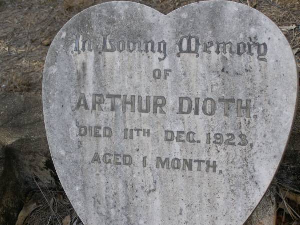 Arthur DIOTH,  | died 11 Dec 1923 aged 1 month;  | Emu Creek cemetery, Crows Nest Shire  | 