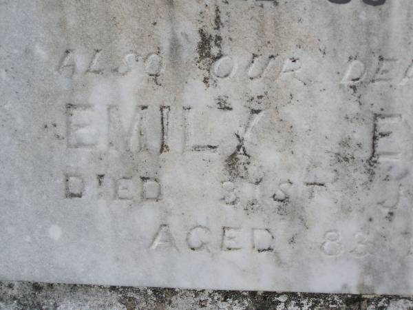 Otto W. EMMERT, husband father,  | died 28 April 1938 aged 58 years;  | Emily EMMERT, mother,  | died 31 July 1964 aged 83 years;  | Emu Creek cemetery, Crows Nest Shire  | 