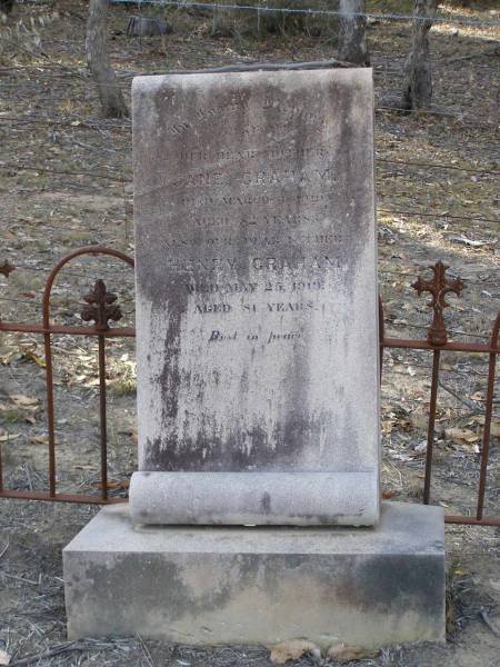 Jane GRAHAM, mother,  | died 4 March 1919 aged 82 years;  | Henry GRAHAM, father,  | died 25 May 1919 aged 81 years;  | Emu Creek cemetery, Crows Nest Shire  | 