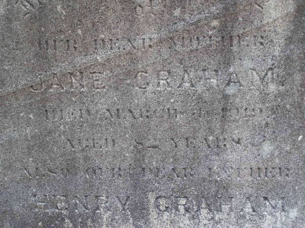 Jane GRAHAM, mother,  | died 4 March 1919 aged 82 years;  | Henry GRAHAM, father,  | died 25 May 1919 aged 81 years;  | Emu Creek cemetery, Crows Nest Shire  | 