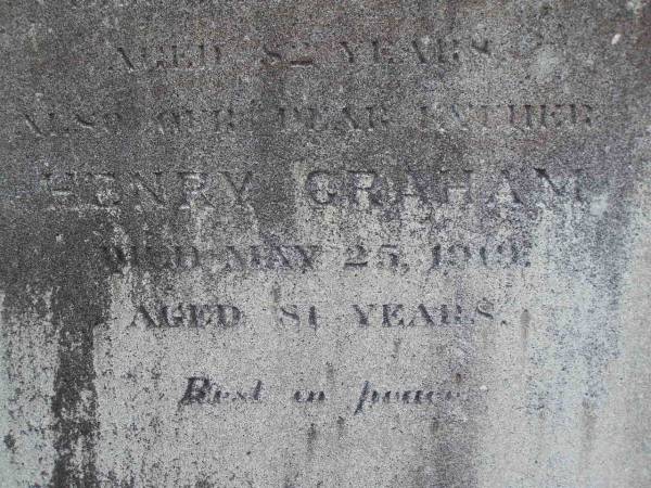Jane GRAHAM, mother,  | died 4 March 1919 aged 82 years;  | Henry GRAHAM, father,  | died 25 May 1919 aged 81 years;  | Emu Creek cemetery, Crows Nest Shire  | 