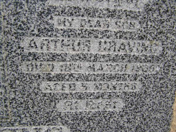 Alice GRAVING, wife,  | died 24 June 1925? aged 48 years;  | Arthur GRAVING, son,  | died 18 March 1935? aged 5 months;  | August GRAVING, father,  | died 12 Nov 1947 aged 78 years;  | Emu Creek cemetery, Crows Nest Shire  | 