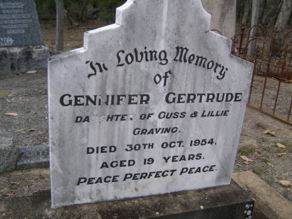 Gennifer Gertrude,  | daughter of Guss & Lillie GRAVING,  | died 30 Oct 1954 aged 19 years;  | Emu Creek cemetery, Crows Nest Shire  | 