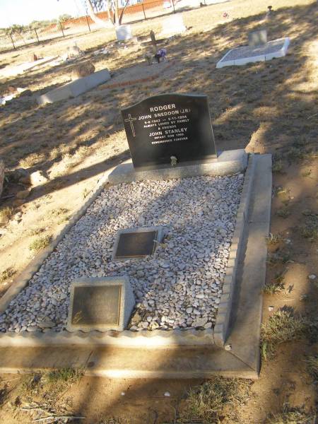 John Sneddon RODGER (J.R.)  | b: 6 Aug 1942  | d: 5 Nov 1994  |   | infant son  | John Stanley RODGER  | d: 1969  |   | Peter RODGER  | vale O'Leven Scotland  | b: 12 Sep 1918  | d: 5 Dec 2003  | husband to Rita  | father to John, Peter (CAMPBELL)  | grandfather to Natalie, Clifton, Karin, Melissa, Leah  |   | Margaret Ferguson RODGER (Rita)  | b: 2920 Bruce Hill, Scotland  | d: 2009 Myalup, Western Australia  | wife to Peter  | Mother to John and Campbell  | grandmother to Natalie, Clifton, Karen, Melissa, Leah  |   | Exmouth Cemetery, WA  | 