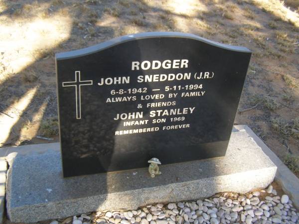 John Sneddon RODGER (J.R.)  | b: 6 Aug 1942  | d: 5 Nov 1994  |   | infant son  | John Stanley RODGER  | d: 1969  |   | Peter RODGER  | vale O'Leven Scotland  | b: 12 Sep 1918  | d: 5 Dec 2003  | husband to Rita  | father to John, Peter (CAMPBELL)  | grandfather to Natalie, Clifton, Karin, Melissa, Leah  |   | Margaret Ferguson RODGER (Rita)  | b: 2920 Bruce Hill, Scotland  | d: 2009 Myalup, Western Australia  | wife to Peter  | Mother to John and Campbell  | grandmother to Natalie, Clifton, Karen, Melissa, Leah  |   | Exmouth Cemetery, WA  | 