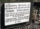
Minnie STALLMAN, wife mother,
died 10 Dec 1940 aged 49 years;
Christian STALLMAN,
father father-in-law grandfather,
died 30 July 1970 aged 88 years;
Fernvale General Cemetery, Esk Shire
