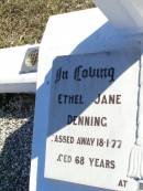 
Ethel Jane DENNING.
died 18-1-77 aged 68 years;
Samuel Arnold DENNING,
died 16-5-75 aged 69 years;
Fernvale General Cemetery, Esk Shire
