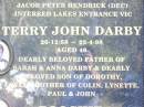 
BROWELL;
Dorothy Olive ROTHWELL BOF DARBY,
29-4-32 - ,
mother of Colin, Lynette, Paul, John,
Terry (dec) & twins Julie Ann Mary &
Jacob Peter Hendrick (dec),
interred Lakes Entrance Vic;
Terry John DARBY,
26-12-58 - 22-4-98 aged 40,
father of Sarah & Anna DARBY,
son of Dorothy,
brother of Colin, Lynette, Paul & John;
Poochie,
died 21-4-96 aged 15 years 2 months,
poodle of Dorothy;
JEWELL;
ROTHWELL;
Fernvale General Cemetery, Esk Shire

