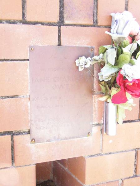 Jane Charlotte OWEN,  | born 26 April 61 died 20 Dec 97,  | tragically taken by breast cancer,  | wife of James,  | mother of Michelle, Kane & Stephanie;  | Fernvale General Cemetery, Esk Shire  | 