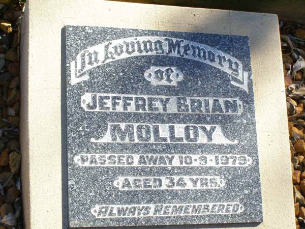 Jeffrey Brian MOLLOY,  | died 10-9-1979 aged 34 years;  | Fernvale General Cemetery, Esk Shire  | 