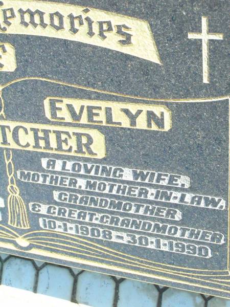 Rev. Victor BOETTCHER,  | father father-in-law grandfather great-grandfather,  | 23-5-1907 - 12-8-1992;  | Evelyn BOETTCHER,  | wife mother mother-in-law grandmother,  | 10-1-1908 - 30-1-1990;  | Fernvale General Cemetery, Esk Shire  | 