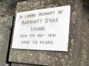 Harriott Dyas LOGAN,
died 7 May 1951 aged 73 years;
Forest Hill Cemetery, Laidley Shire