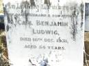 Carl Benjamin LUDWIG, husband father,
died 16 Dec 1931 aged 54 years;
Forest Hill Cemetery, Laidley Shire
