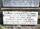 George FIELDING, husband father,
died 29 Nov 1919 aged 61 years;
Elizabeth Fanny FIELDING, wife mother,
died 30 May 1943 aged 80 years;
George Hammond FIELDING,
son of R. & E. FIELDING,
died 23 Sept 1938;
Frances Ann FIELDING,
daughter of F. & M. FIELDING,
died 11 Nov 1944 aged 2 years;
Forest Hill Cemetery, Laidley Shire