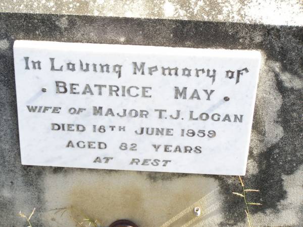 T.J. LOGAN, husband,  | killed in action Quinn's Post Gallipoli  | 7 Aug 1915;  | Percy, infant son,  | died 23 Sept 1908;  | erected by wife & children;  | Beatrice May, wife of T.J. LOGAN,  | died 18 June 1959 aged 82 years;  | Robert Stoddart,  | 1909 - 1975,  | son of T.J.& B.M. LOGAN,  | husband of Myrtle,  | father of Patricia, Annette, Roberta & Judith;  | Forest Hill Cemetery, Laidley Shire  | 