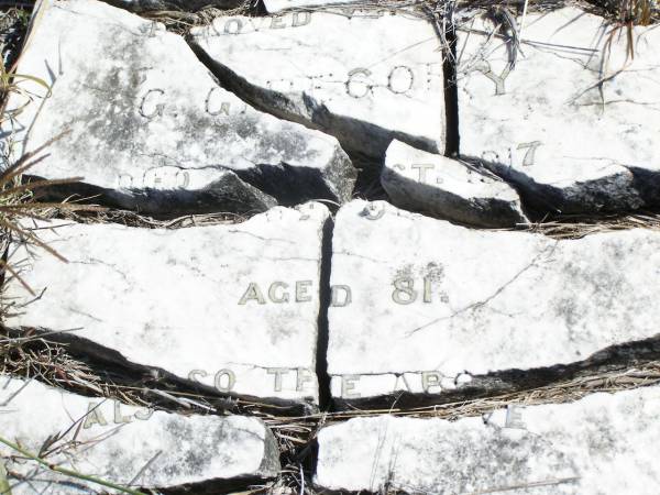 Caroline, wife of G. GREGORY,  | died 8 Oct 1917 aged 81 years;  | George GREGORY,  | died 2 Aug 1920 aged 79 years;  | Forest Hill Cemetery, Laidley Shire  | 